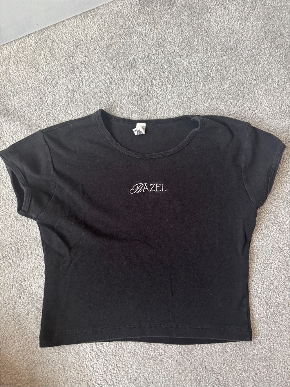 hazel Black Cropped Tee with White Script Logo